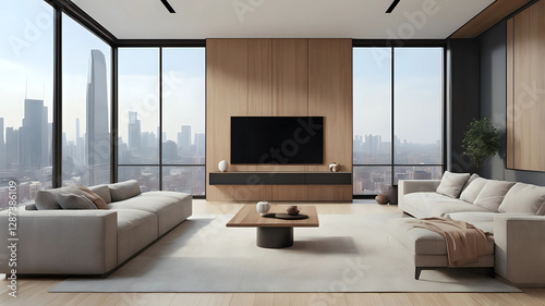A modern living room features a wall-mounted TV on wooden paneling, with a sleek, floating console beneath. Large windows offer a city view and natural light