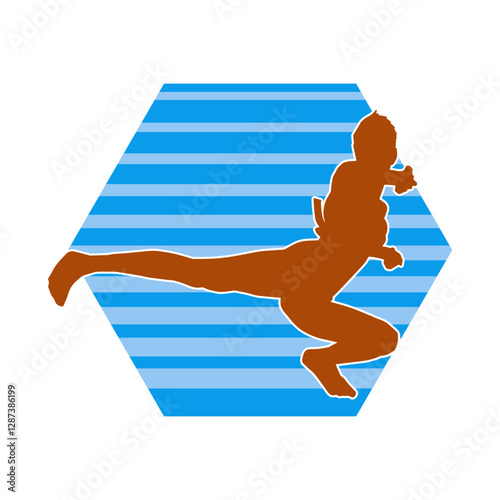 Silhouette of a slim woman doing martial art kick. 
