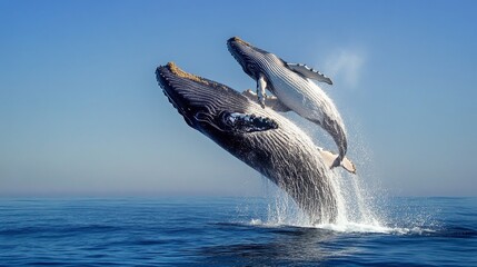Whale and calf breaching together ocean waters wildlife photography marine environment underwater viewpoint nature's majesty