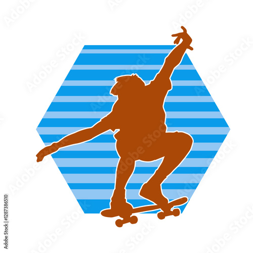 Silhouette of a male in action pose on skateboard. Silhouette of an urban boy on skateboard.