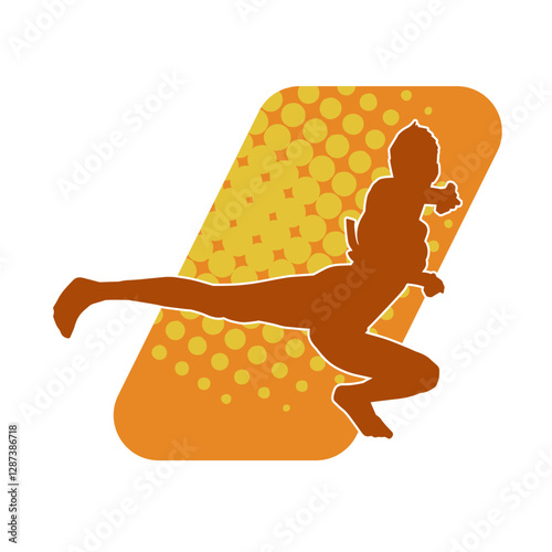 Silhouette of a slim woman doing martial art kick. 