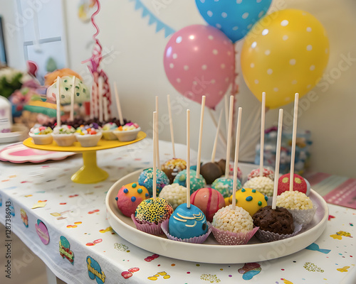 Bunte Cake Pops auf Geburtstagstisch mit Luftballons photo