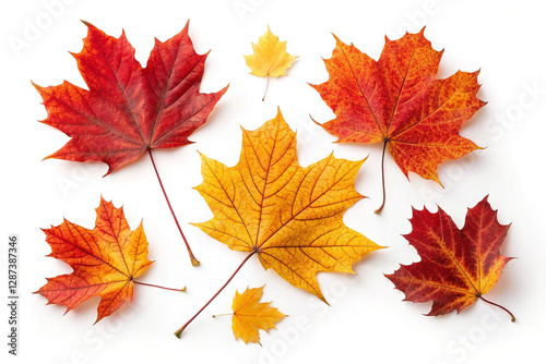 A set of fall leaves in vibrant red, yellow, and orange hues isolated on white background