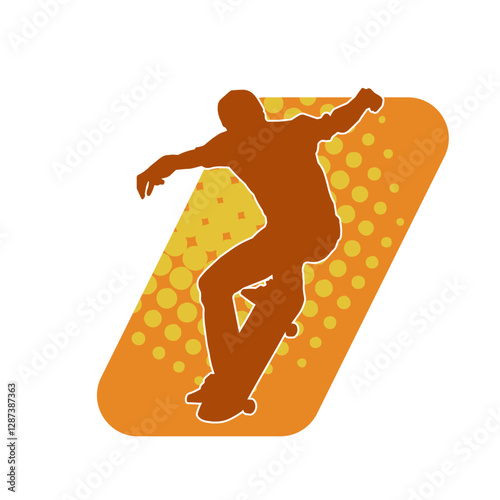 Silhouette of a male in action pose on skateboard. Silhouette of an urban boy on skateboard.