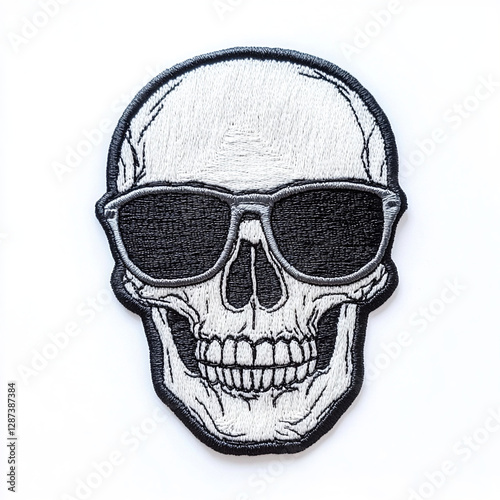 Cool Skull Patch: Embroidered emblem of a human skull sporting sunglasses, isolated on a white background, creating a bold visual statement.