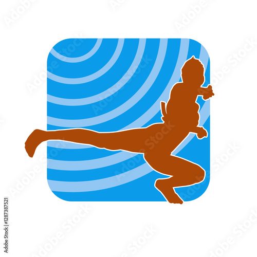 Silhouette of a slim woman doing martial art kick. 