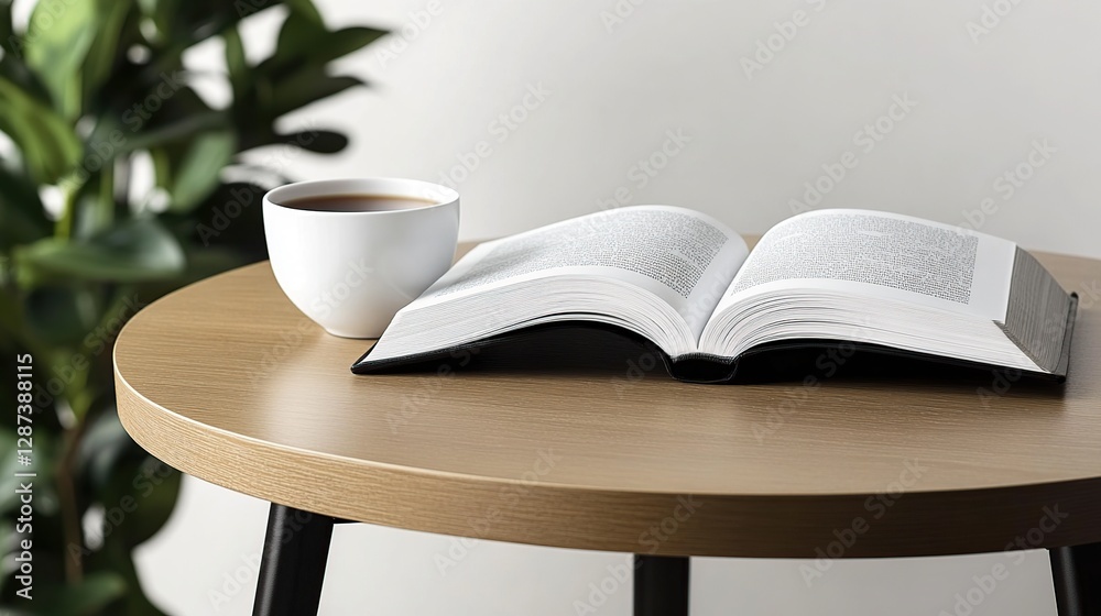 Open book, tea, table, plant, room, reading, calm, home, interior, still life Open book, tea, table, plant, room, reading, calm, home, interior, still life