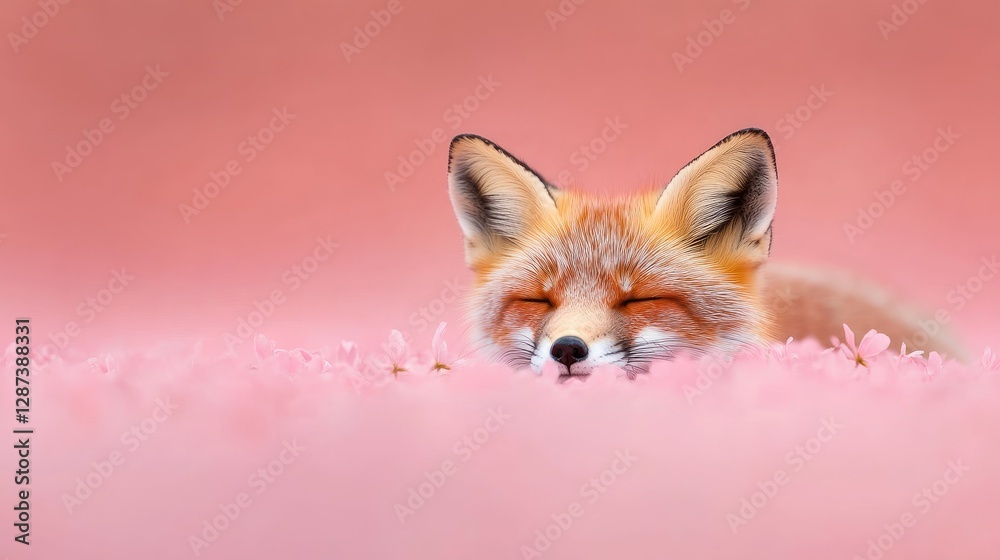 Obraz premium Serene Fox Resting Among Blush Pink Flowers in Tranquil Nature Scene
