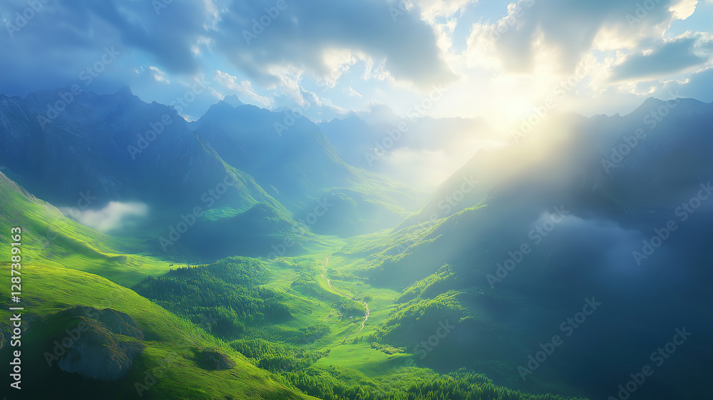 Obraz premium Stunning mountain panorama at dawn showcasing wild nature in its untouched glory
