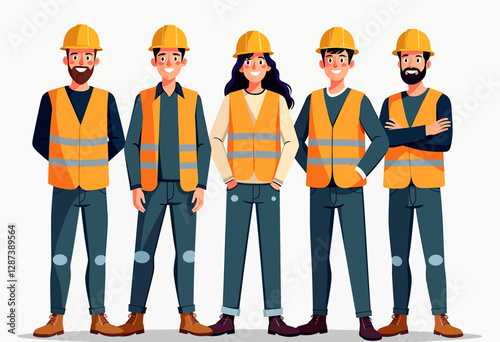 Highlighting safety and positivity: A simple illustration of a group of happy young student construction workers in safety gear, presented on a clean white backdrop.

