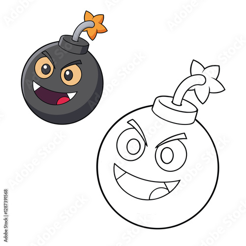A fun coloring page featuring a cartoon evil bomb with a mischievous grin, sharp eyes, and a lit fuse, ready to cause chaos! Perfect for creative coloring fun!