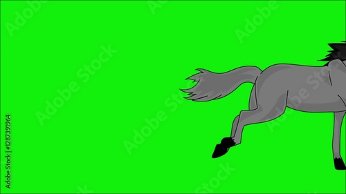 2D animation of a gray horse galloping across a bright green screen background. The animated footage shows the horse's graceful movements, powerful strides, and muscular body shape.