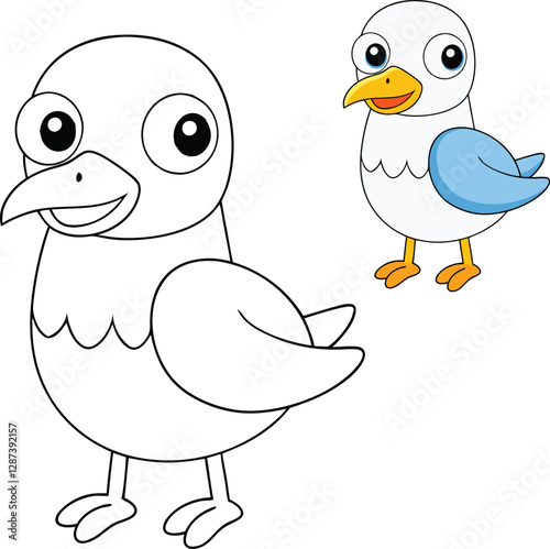 A goofy cartoon gull with big eyes, a wide beak, and silly expressions. It waddles clumsily, flaps excitedly, and loves snatching snacks with a mischievous grin!