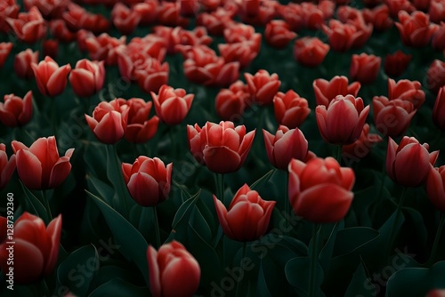 Aerial View of Lush Red Tulip Field in Full Bloom During Spring Season