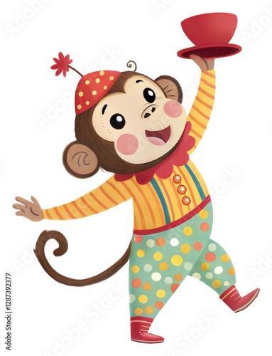 Playful circus monkey entertaining audience colorful graphic fun isolated on transparent background