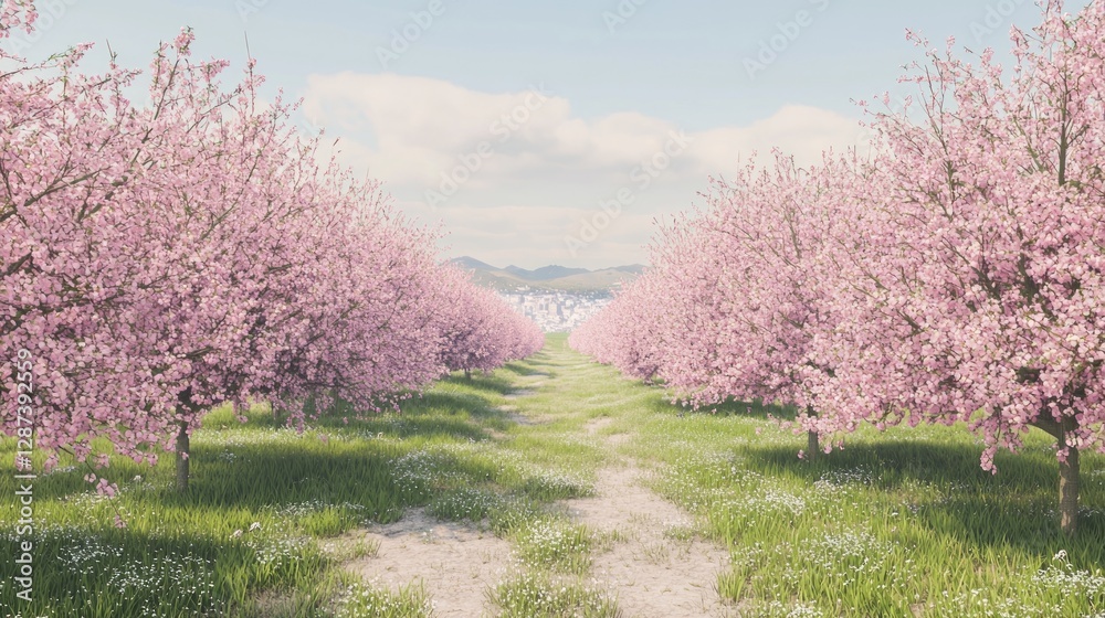 Serene Orchard Filled with Blooming Cherry Blossom Trees Serene Orchard Filled with Blooming Cherry Blossom Trees