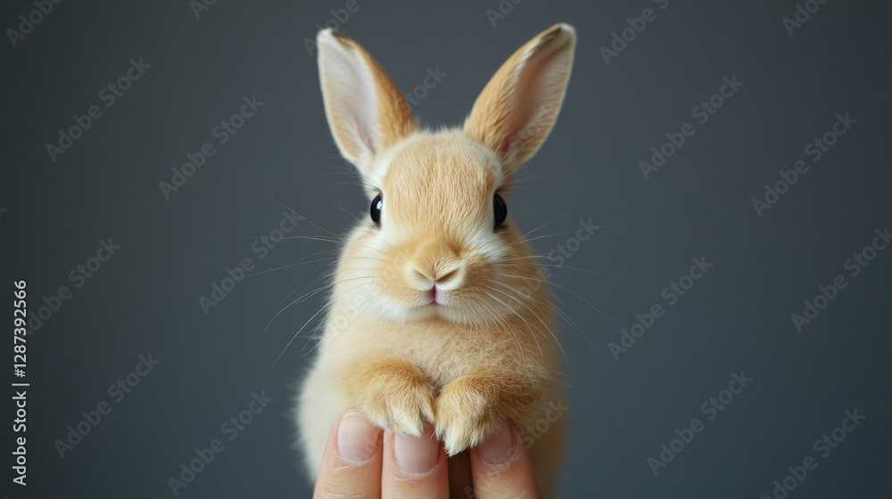 Obraz premium Cute baby rabbit being held by fingers against a soft grey background, displaying calmness and adorability. Animal portrait and cuteness overload concept