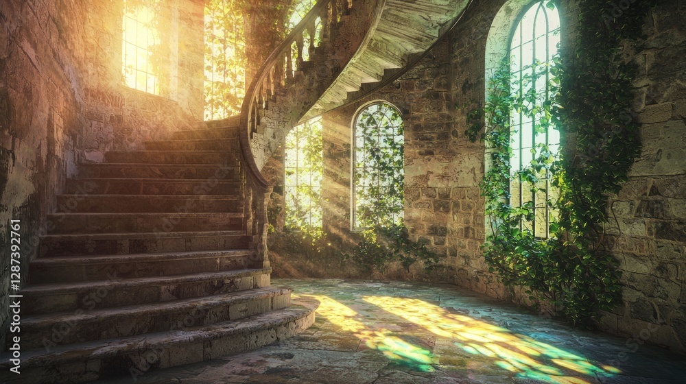 Obraz premium Elegant Spiral Staircase in a Sunlit Vintage Interior Space