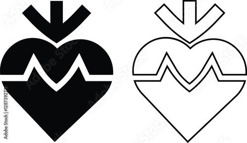 Human anatomical heart black flat, outline icons set. Heart diagnostic center sign. Ideal for medical, healthcare or biology-related themes and vectors illustration isolated on transparent background.