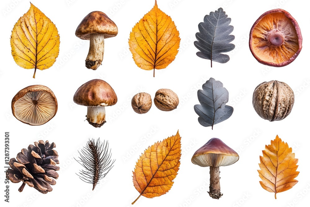 Obraz premium Autumnal Still Life with Mushrooms Leaves Pine Cone and Walnuts on White Background Natural Elements Collage