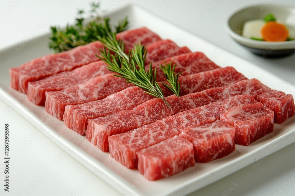 Close-up culinary experience sizzling wagyu beef cuts in gourmet restaurant kitchen