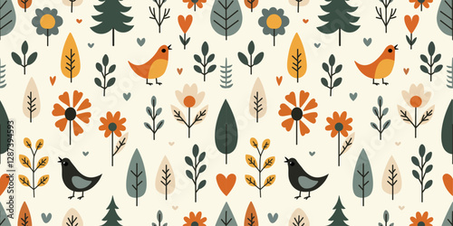 Cute Tree Birds and Flowers Scandinavian style In Seamless Pattern