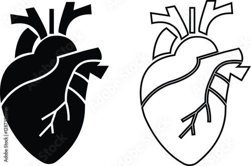 Human anatomical heart black flat, outline icons set. Heart diagnostic center sign. Ideal for medical, healthcare or biology-related themes and vectors illustration isolated on transparent background.