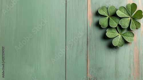 Lush Green Clovers on Weathered Turquoise Planks Ideal For Saint Patrick Celebrations