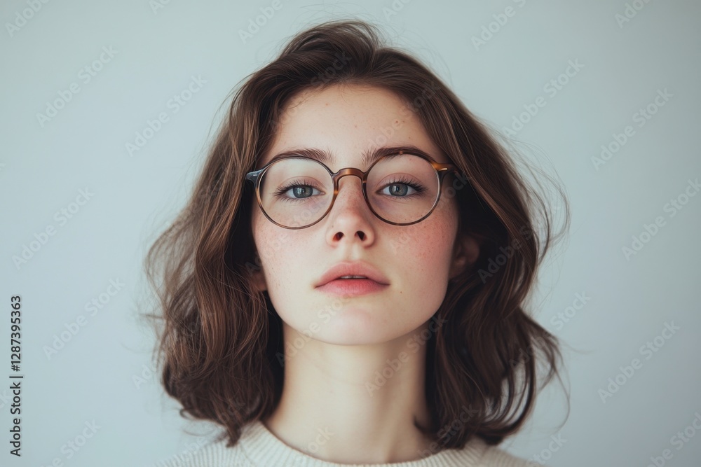 Obraz premium A beautiful woman wearing eyeglasses looks directly at the camera