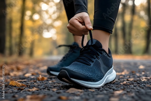 Person tying running shoes before morning jog in autumn forest