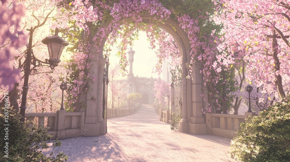 Obraz premium Old City Gate Draped in Bright Vines Surrounded by Blossoming Trees