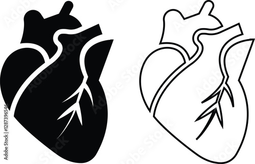 Human anatomical heart black flat, outline icons set. Heart diagnostic center sign. Ideal for medical, healthcare or biology-related themes and vectors illustration isolated on transparent background.