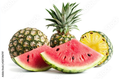 Sharp Picture of Freshly Picked Watermelon and Pineapples Isolated on White Background