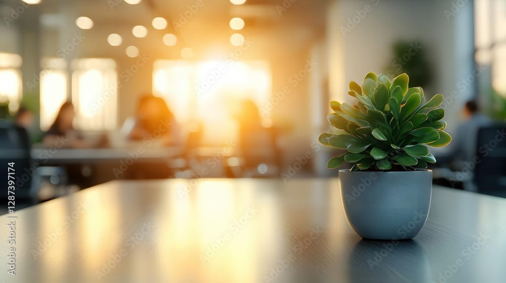 Fototapeta premium Serene office space featuring a succulent plant on a wooden table with sunlight and blurred figures in the background creating a peaceful atmosphere