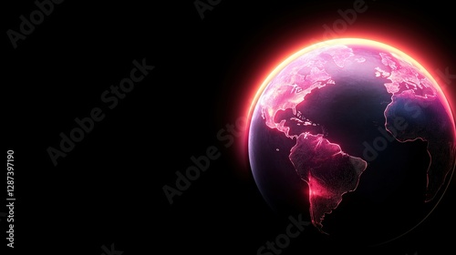 Vibrant Glowing Earth with Pink Neon Glow on Black Background