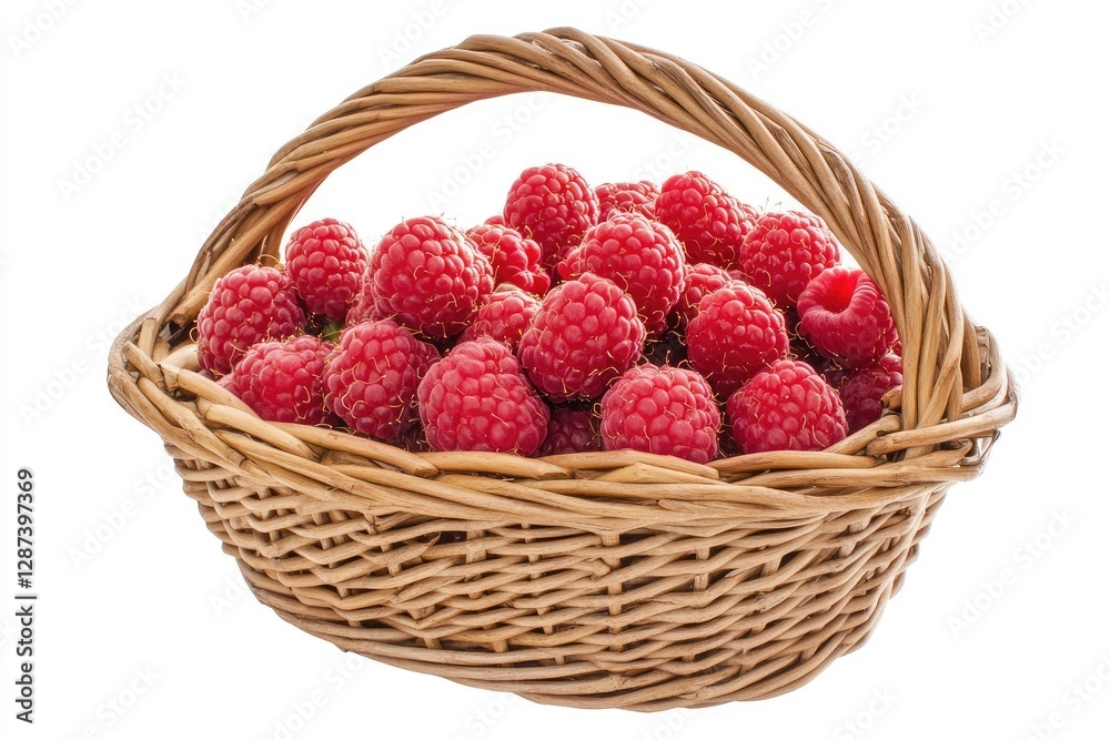 High Resolution Visual of Sweet Ripe Raspberries in a Basket Isolated on White Background High Resolution Visual of Sweet Ripe Raspberries in a Basket Isolated on White Background