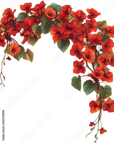 Vibrant botanical archway of red bougainvillea flowers and green leaves against a clean white background creating a natural and elegant floral design