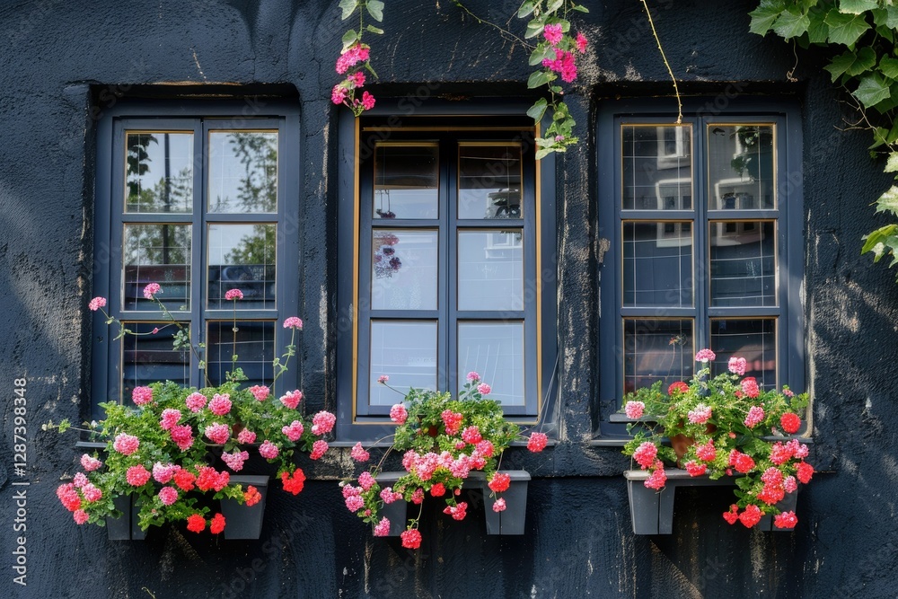 Fototapeta premium Vibrant Picture of Beautiful Windows with Flowers on a Black Facade House