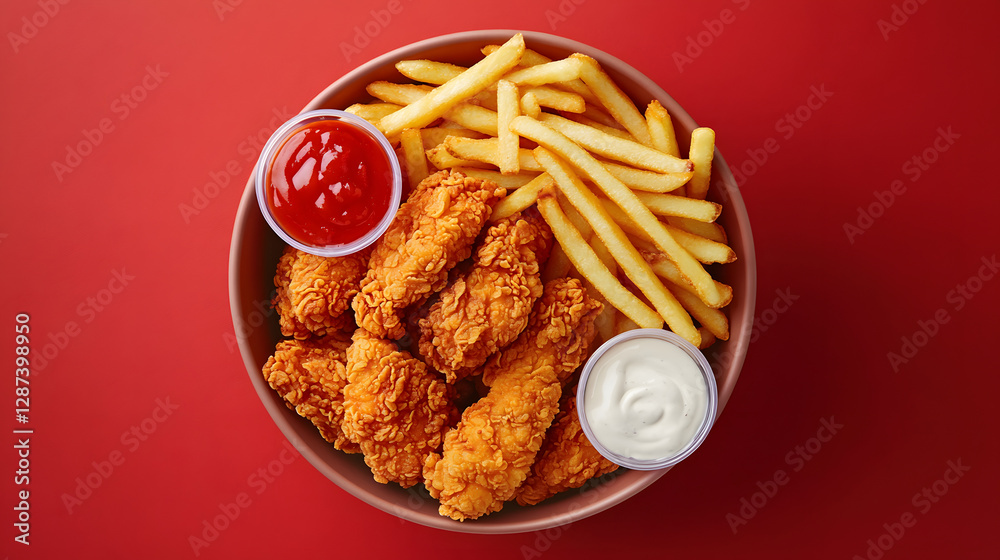 A bowl of fried chicken and french fries with ketchup and mayonnaise A bowl of fried chicken and french fries with ketchup and mayonnaise