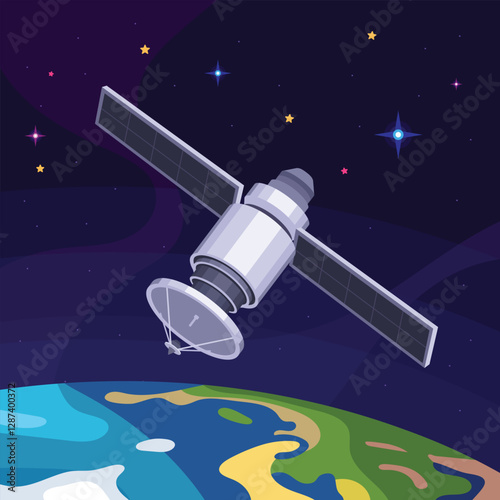 a detailed illustration of a satelite floating in space, above the earth, surrounded by a starry sky and celestial elements. 