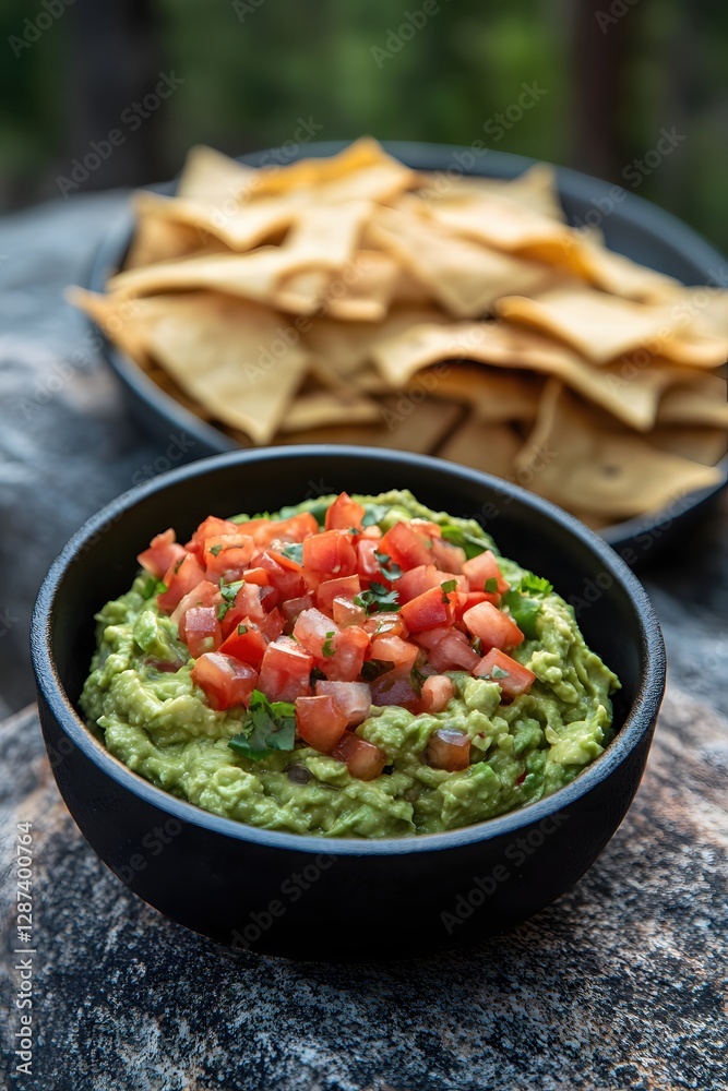 Delicious guacamole with tomato and cilantro topping served with tortilla chips for a tasty appetizer Delicious guacamole with tomato and cilantro topping served with tortilla chips for a tasty appetizer