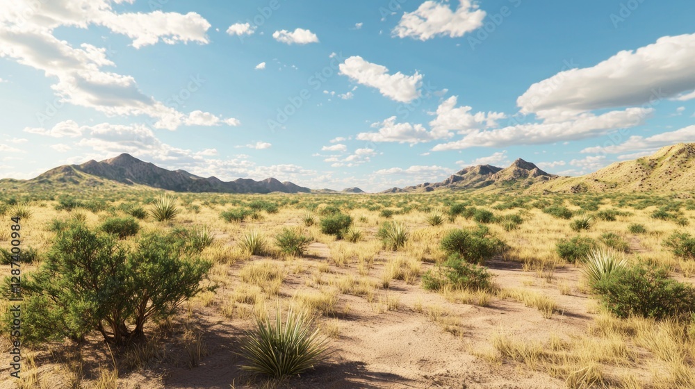 Expansive Desert Landscape at Midday Under Bright Blue Sky Expansive Desert Landscape at Midday Under Bright Blue Sky
