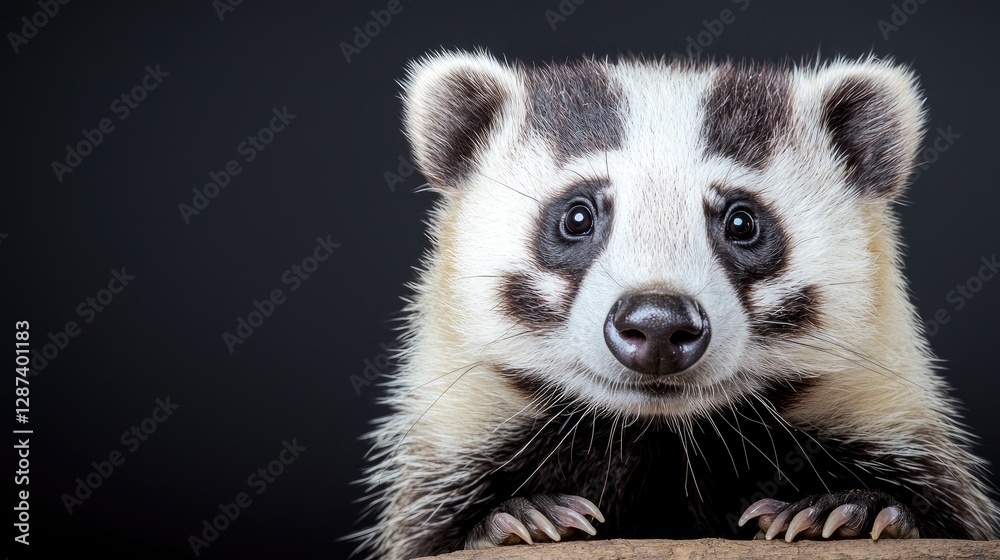 Obraz premium Close-up Portrait of a Baby Badger Against Dark Background