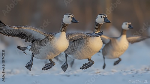 Geese in flight over snowy landscape photo