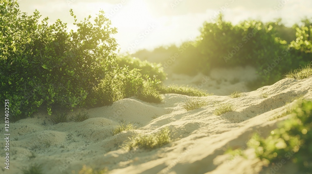 Fototapeta premium Windswept Landscape with Half-Buried Bush Under Soft Sunlight