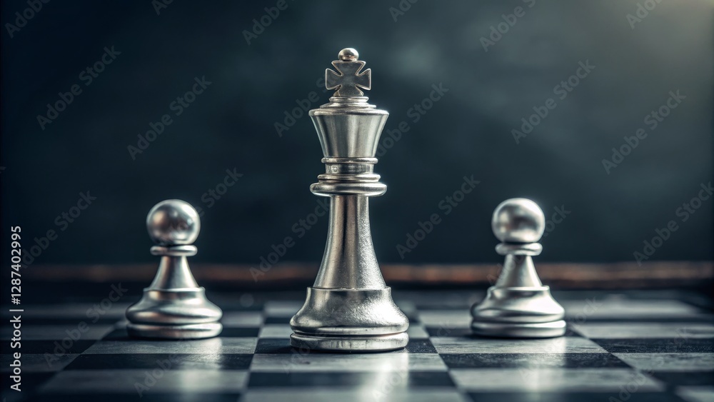 Silver King Chess Piece on Board Leadership Concept, Strategy, Close-up Composition,Metal Texture Chess,Leadership Silver King Chess Piece on Board Leadership Concept, Strategy, Close-up Composition,Metal Texture Chess,Leadership