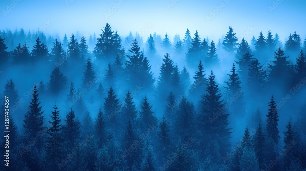 Fototapeta premium Misty Forest Landscape with Evergreen Trees in Blue Tones Serene Nature Scene with Foggy Atmosphere and Scenic View of Woodland Environment