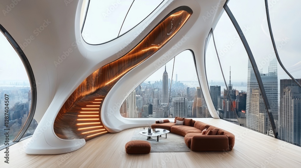 Fototapeta premium Contemporary living room featuring a futuristic design and city view