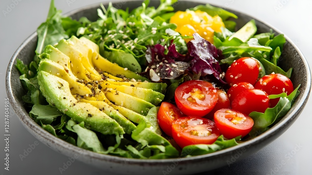 Fresh and colorful salad bowl with avocado, cherry tomatoes, and mixed greens on a neutral background Fresh and colorful salad bowl with avocado, cherry tomatoes, and mixed greens on a neutral background