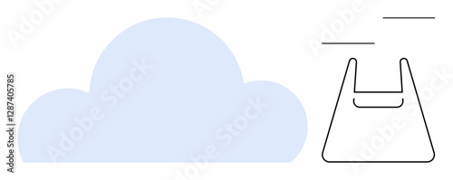 Blue cloud shape and black outline of a shopping bag with lines above it. Ideal for concepts of online storage, shopping, data, minimalism, organization, cloud services, e-commerce. Abstract line